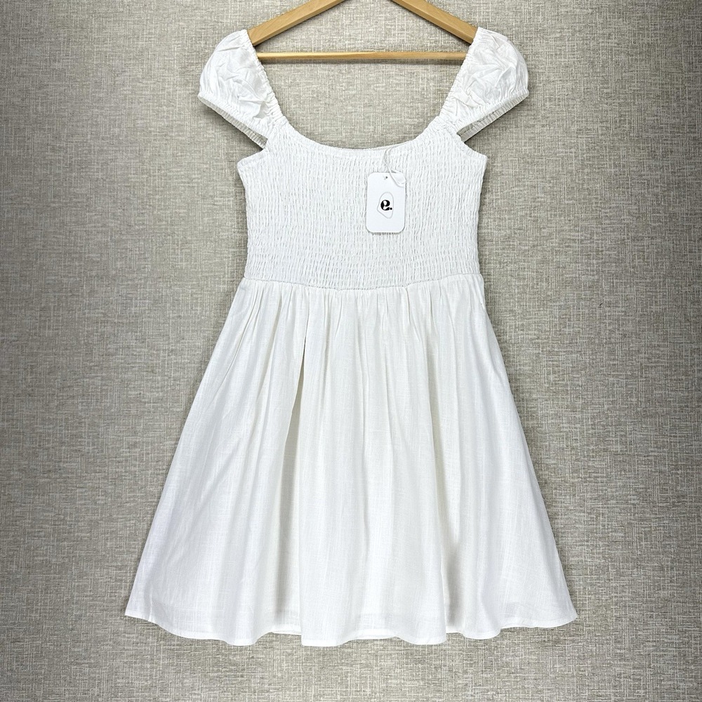 Elodie Dress Womens Size ‎ M White Smocked Linen Blend Puff Sleeve Mini Lined